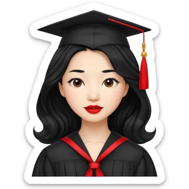 Graduate asian black hair with wavy hair long  with red stash  sticker