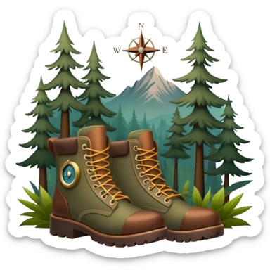 Frameless emoji for Hunting Tourism: a rifle, hunting boots, and a compass on a forest background, with a silhouette of wildlife in the distance. The icon should capture the adventure and connection with nature in hunting tourism. Transparent background. sticker