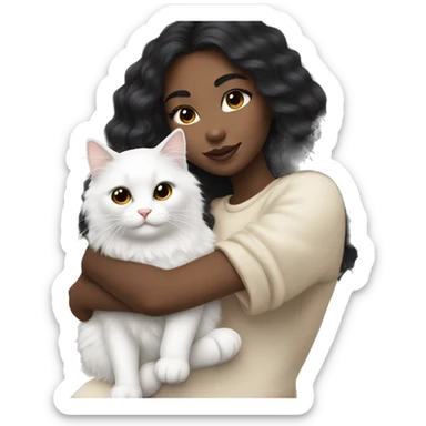 Emoji girl with beautiful makeup, light skin, long black hair, holding and cuddling a white fluffy cat sticker