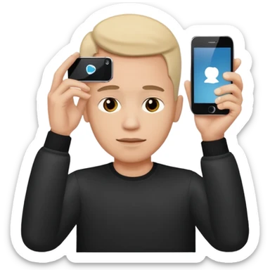 a guy holding 1 smartphone with both hands, smarphone should be horizontal, on top of his forehead sticker