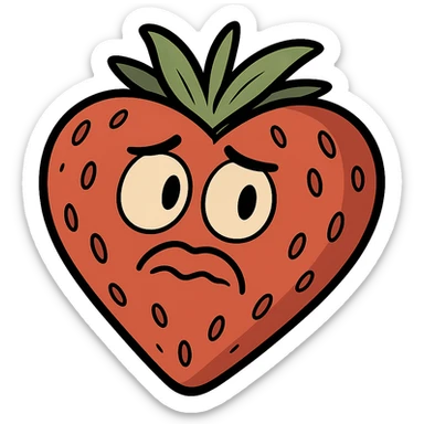 heart-shaped strawberry, cartoon style, bright red, green leaves, simple shading sticker
