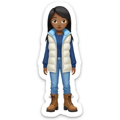 asin girl with black long slick backed hair wearing a dark blue long shirt and a puffy white sleeveless jacket on outside and light blue very baggy jeans with brown boots sticker