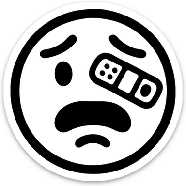 Edit the face to have a band-aid and bruise, uncomfortable expression, black thick outlines, red face, consistent with the reference style. sticker