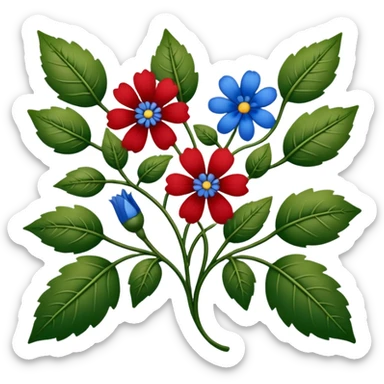dull green leaves & red & blue flowers filigree design, extremely detailed, complex design sticker