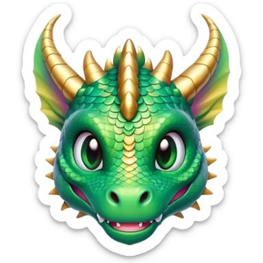 Cinematic Cute Dragon Portrait Emoji, Head tilted playfully and inquisitively, featuring a sleek, serpentine form adorned with iridescent scales that shift between emerald and gold, a delicate set of subtle horns, and round, sparkling eyes full of curious magic; rendered with realistic detail and warm natural light, high shine, affectionate and enchanting, styled with a touch of whimsical fantasy, soft glowing outline, capturing the essence of a mischievous yet lovable dragon that seems poised to slither playfully into your arms! sticker