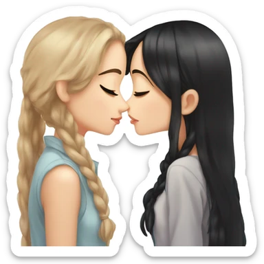 two cute anime brunette girls kissing on the lips. By brunette I mean the both have long black hair, both of their hairstyles are down. One of the girls has freckles. Super cute anime style. sticker