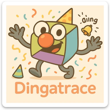 Add playful 'Dingatrace' flair by changing any Dynatrace text to 'Dingatrace'. Add a cartoon bell or ding sound effect. Preserve the party and clown theme. sticker