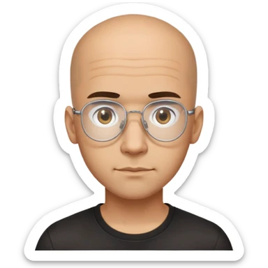 Latino man with small oval face and big forehead, clear lens aviator-style eyeglasses with metal frames, completely bald/shaved sides with very short curly dark hair only on top of head, neutral-friendly expression, light brown skin, wearing a black t-shirt sticker