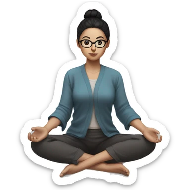 White skinned girl with glasses and a bun with black hair, meditating on the floor sticker