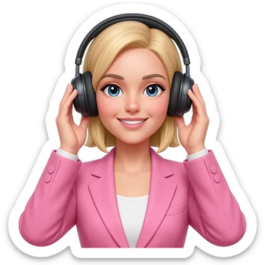 Woman in blonde hair and pink suit wear a black headphones on head connect to pink iphone max pro and hold on headphones on head with hands on headphones sticker