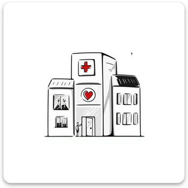 Modern clinic building with glass facade, featuring a red cross sign, test tubes on display, and a subtle heart icon, clean and medical appearance sticker