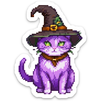 purple cat wearing a witch hat pixel art sticker