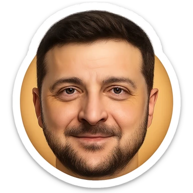 portrait of Vladimir Zelensky as a round face emoji with highly detailed and accurate facial features, realistic hair and beard, expressive eyes, friendly expression, high quality sticker
