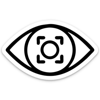 black outlined icon of an open eye with a focus ring, representing visual focus sticker