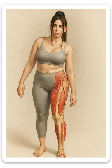 Create a realistic anatomical illustration inspired by the reference photo of the woman in the same pose. Highlight the right leg (her right, on the left side of the image) as the weight-bearing leg, with a cutaway effect to show muscles and bones. The rest of the body should remain realistic. Emphasize the anatomical structures of the right leg clearly with a realistic style. sticker