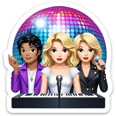 Pop music icon: vibrant stage with bright lights, microphone, synthesizer, disco ball. Collage of famous pop artists—Michael Jackson, Madonna, Britney Spears, and Taylor Swift—symbolizing iconic eras. Energetic and dynamic. Transparent background. sticker