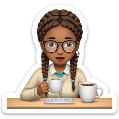 Make a black female software engineer with glasses  and braids coding, crying and drinking coffee sticker