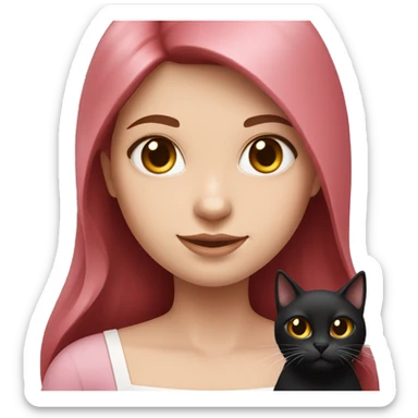 Long Dark Red hair, white skin wearing pink dress girl who is holding a black cat sticker