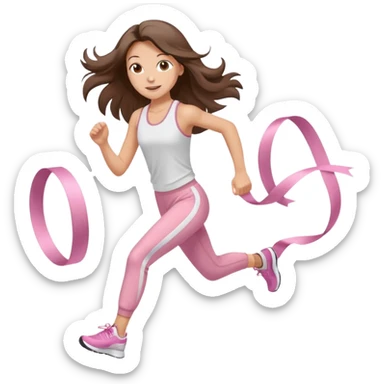white happy brunette teen long hair with hazel eyes in light pink workout clothes jogging and breaking a ribbon race finish line sticker