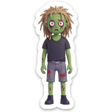 zombie boy with messy dreadlocks, black shirt, cartoonish emoji style sticker