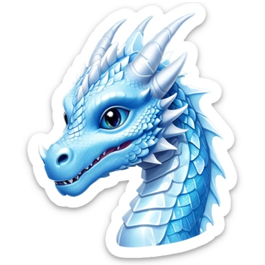 Cinematic Cute Beautiful Ice Dragon Portrait Emoji, Head tilted playfully and inquisitively, featuring a sleek, glacial form with intricately detailed, frost-kissed scales in shimmering blues and sparkling silver, accented by delicate ice crystal patterns and a gentle, enchanting glow; rendered with lifelike clarity and soft, natural light, high shine, charming and cool, styled with a touch of wintry fantasy, soft glowing outline, capturing the essence of a mischievous yet endearing ice guardian poised to twirl playfully into your dreams! sticker