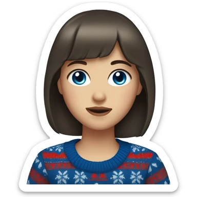 A girl with bangs of dark brown hair and blue eyes in a Christmas sweater sticker