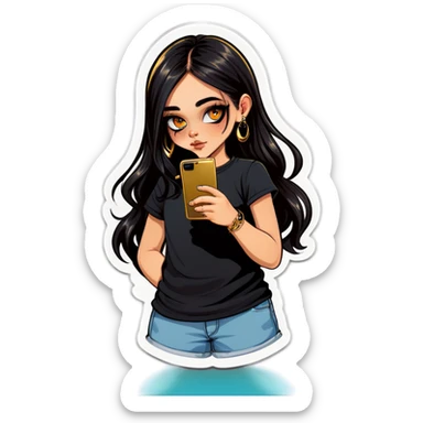 Beautiful young girl with a little with and dark choppy long hair flows as she holds her black phone with a gold septum ring that shines  sticker