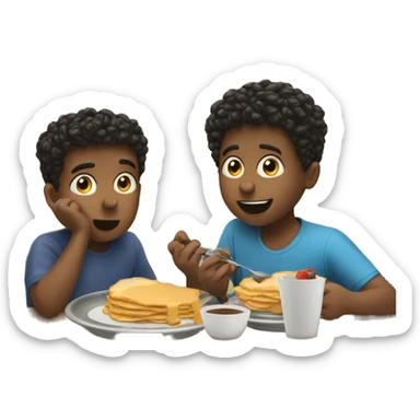 Two young brothers eating breakfast at the table while their dad does their hair  sticker