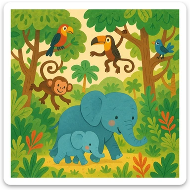 digital illustration of jungle safari in the style of children's story book sticker