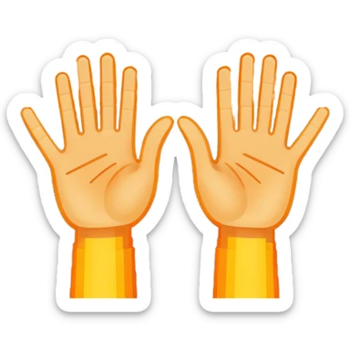 Pixel art emoji, two hands up, 8-bit style, energetic yellow and orange glow, simple white background, iconic dance music aesthetic. sticker