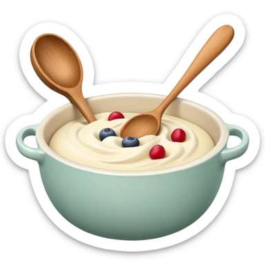 A cream ceramic baking bowl with a wooden spoon in it sticker