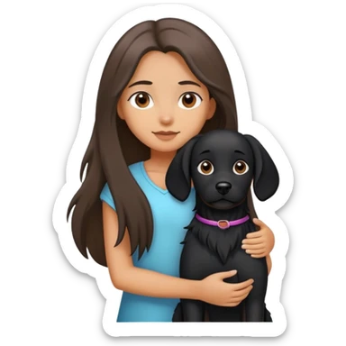 A long-haired girl is holding a big black dog with standing ears sticker