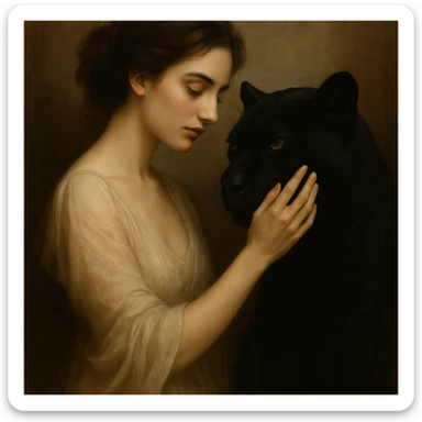 Make the panther black while keeping the woman and background unchanged. Artistic and detailed style. sticker