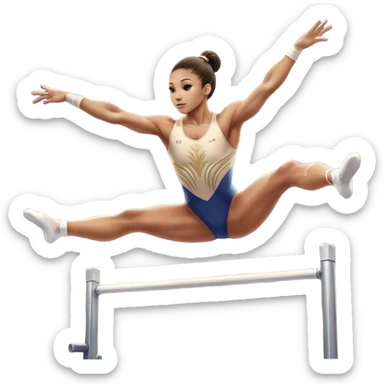 Professional gymnast performing a complex routine on parallel bars, demonstrating strength, control, and perfect balance. The gymnast is mid-air, executing a powerful move with focused concentration. The background shows a brightly lit gymnasium with a cheering audience. sticker