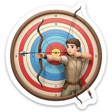 An archer drawing a bow and aiming an arrow at a target, with perfect focus and precision. The target is visible in the background, featuring concentric rings. The scene captures the concentration and skill involved in archery, emphasizing the elegance and accuracy of the sport. sticker
