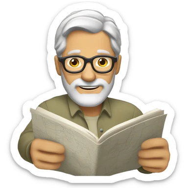 Mature man with tanned skin gray hair and beard and glasses and reading a map sticker