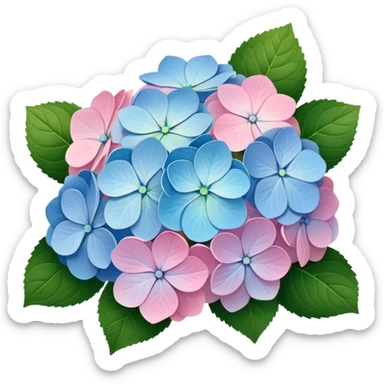 Natural hydrangea flower with realistic cluster of tiny individual blooms, soft color gradients from center to edge, slightly irregular rounded shape, and detailed green leaves sticker
