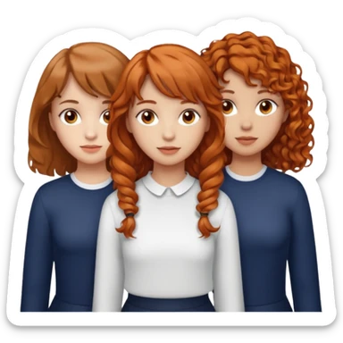 three girls standing side by side, left girl light skin curly brown hair brown eyes, center girl light skin wavy orange hair light brown eyes, right girl light skin light brown hair with bangs brown eyes sticker