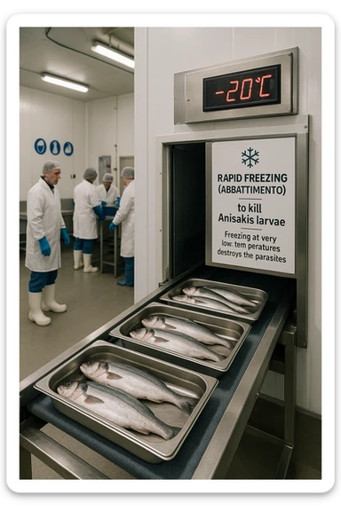 a fish processing facility where freshly caught fish are placed on trays and moved into a large industrial freezer. A temperature gauge shows -20°C, and an educational label explains that rapid freezing (abbattimento) is used to kill Anisakis larvae. The background includes workers in protective clothing and clear signage about food safety. sticker