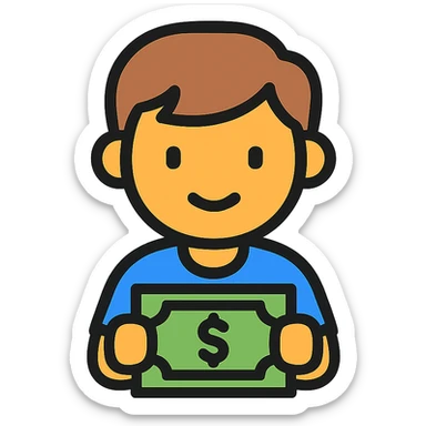 a boy holding money sticker