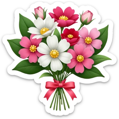 One pink flower and one white flower in transparent bouquet with red band  sticker