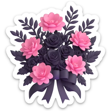 minimal 3D gothic bouquet with ribbon, pink and black flowers, simple and dark sticker