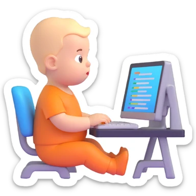 a baby sitting in front of a computer monitor, typing, surrounded by colorful code snippets sticker