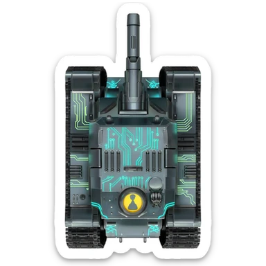 A top down view of a robot with tank tracks, in a cyber punk futuristic style far beyond what is currently available today, from the year 3000, the camera needs to be directly above the robot looking down sticker