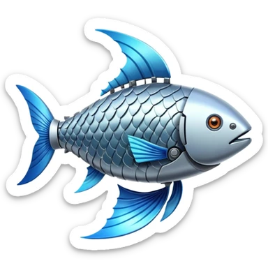 fish with natural upper body and robotic lower body, metallic robot fins and tail sticker