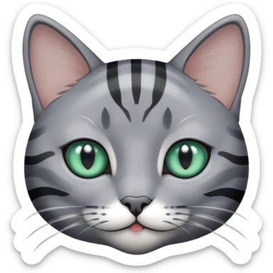 gray cat with black stripes, white paws, blue-green eyes sticker