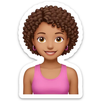 Uma menina com o cabelo cacheado curto é morena, e com uma regata rosa sticker