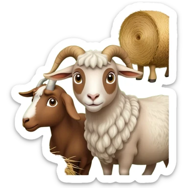 Icon for Domestic Hooved Animals: A gentle collage featuring a brown goat with large, curious eyes, a calm sheep with soft wool, and a majestic horse with a flowing mane. Background with a green pasture and a few hay bales. Transparent background. sticker