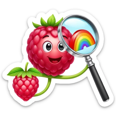 a raspberry holds a rainbow colored magnifier with its budding from handle of magnifier sticker