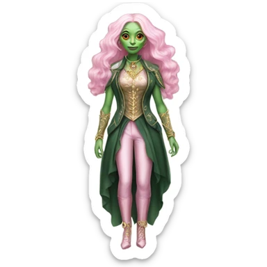 a green amazon alien woman in Victorian white gold pink hair full body  sticker